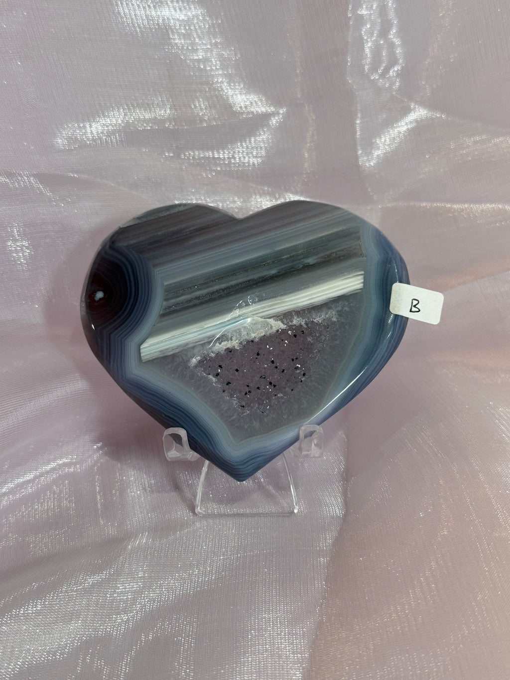 White and Purple Banded Druzy Agate Heart "B"