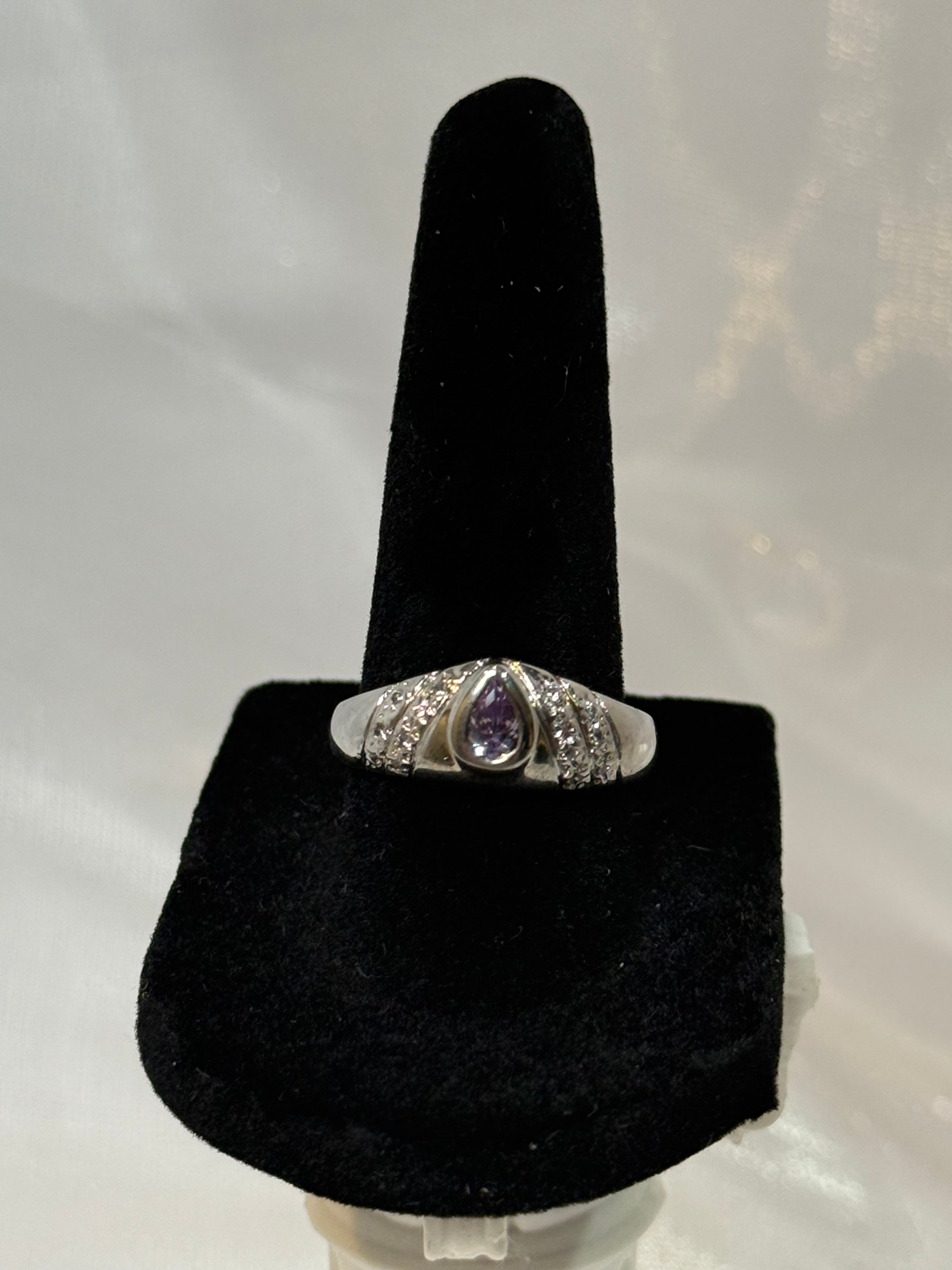 Silver Ring with Amethyst Tear Drop Gemstone Size 8