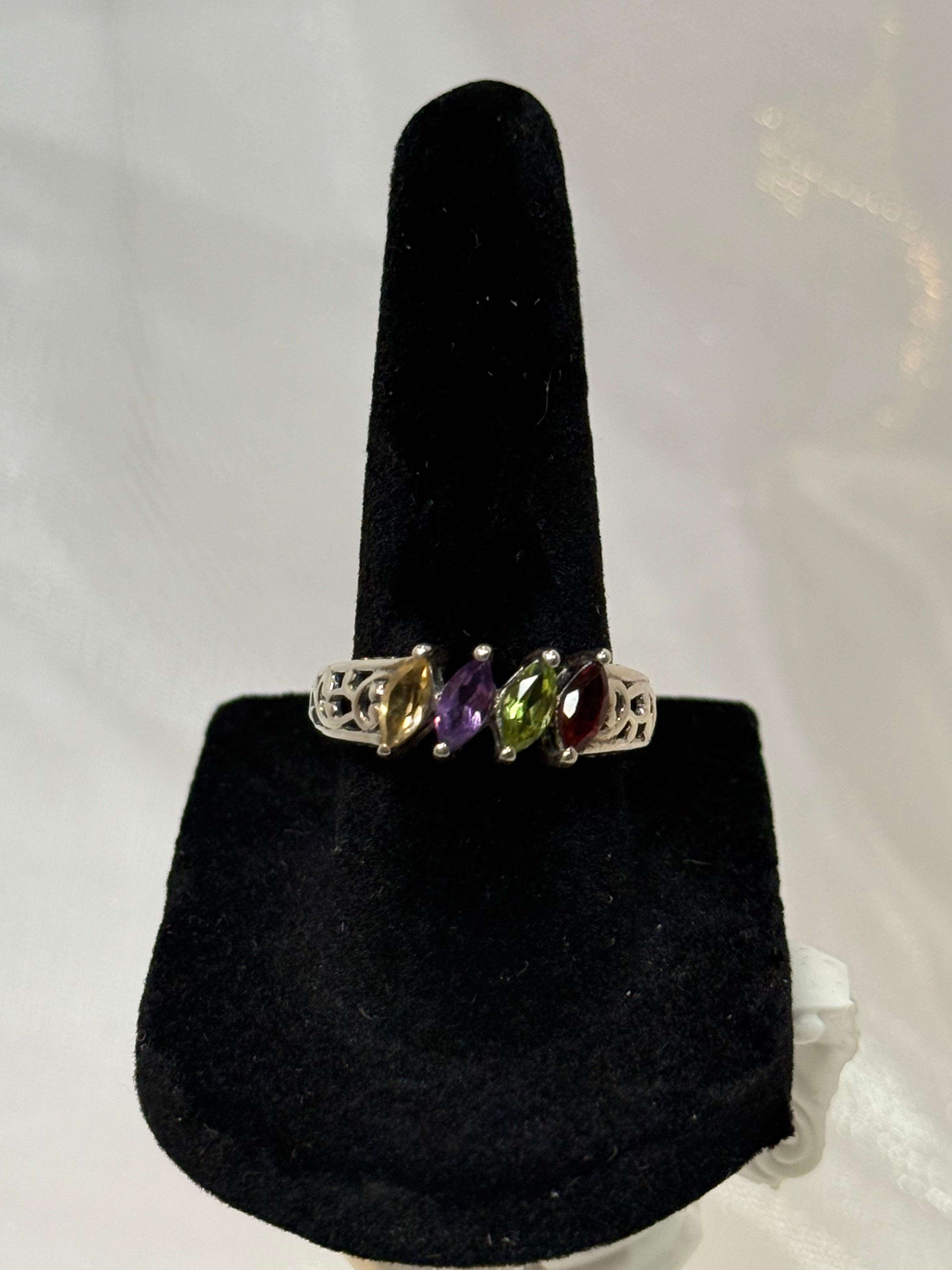 Multi gem Citrine, Amethyst, Peridot, and Garnet Size 6.75 Silver Ring
