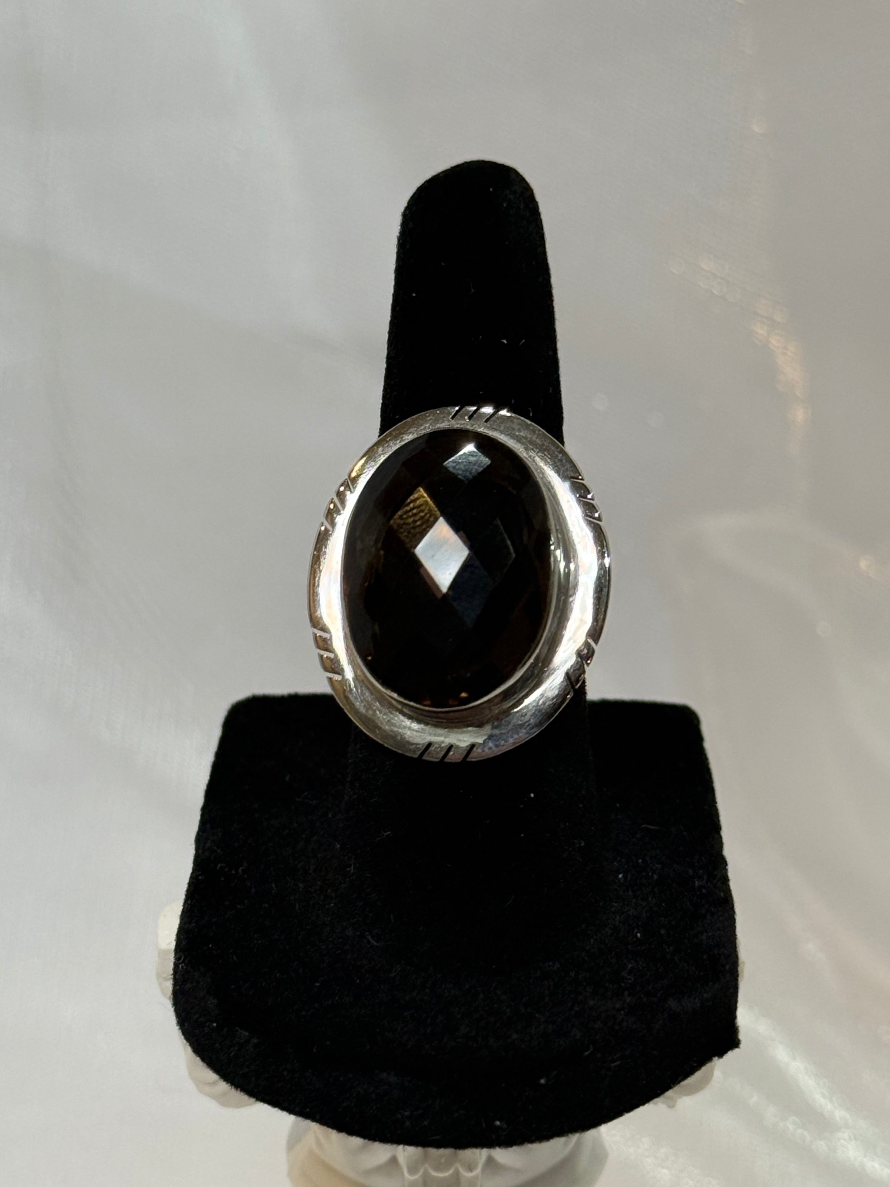 Multifaceted Smokey Quartz 925 Silver Ring Size 6