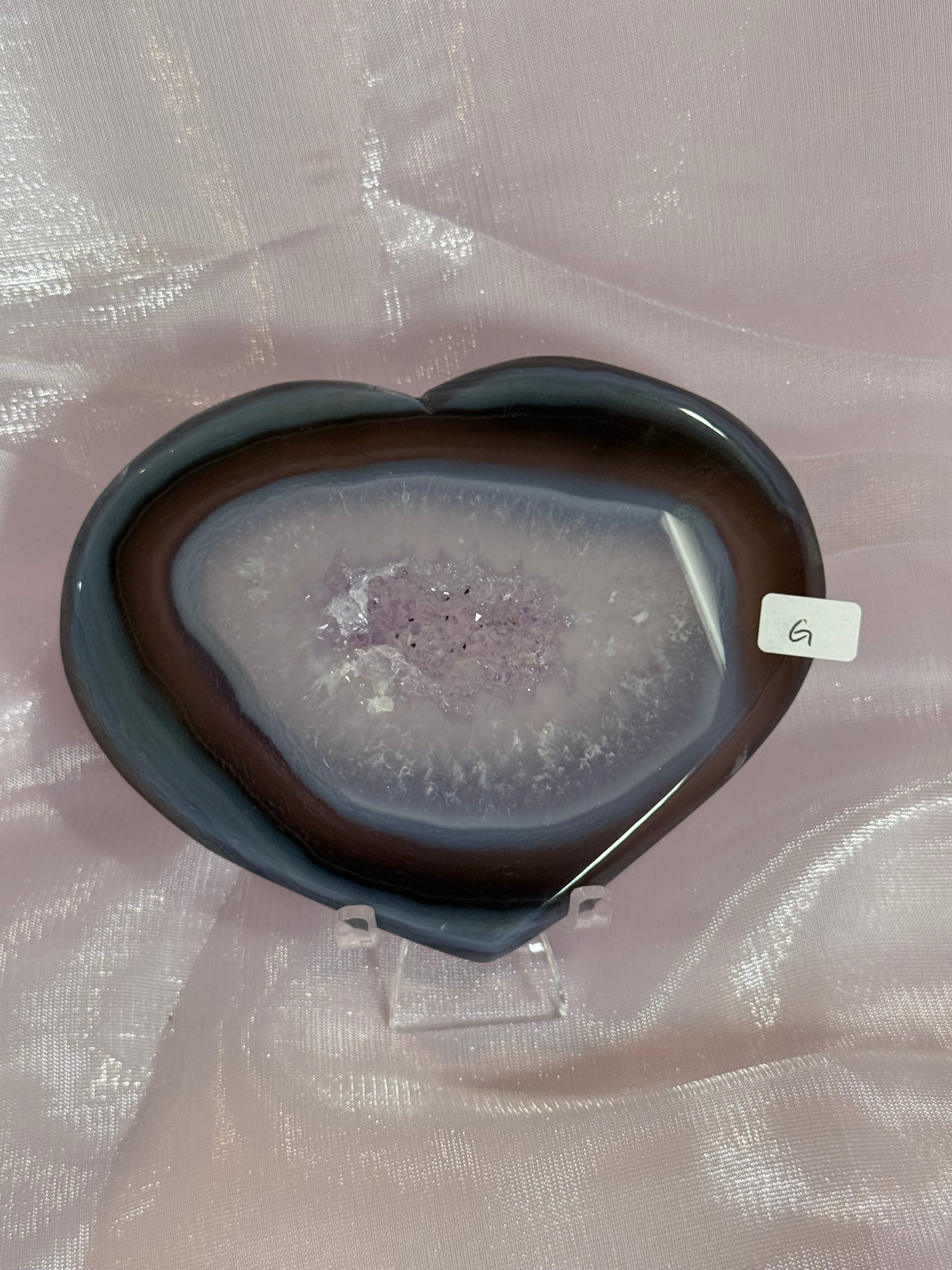 Purple and Blue Banded Agate Heart with Druzy Center "G"