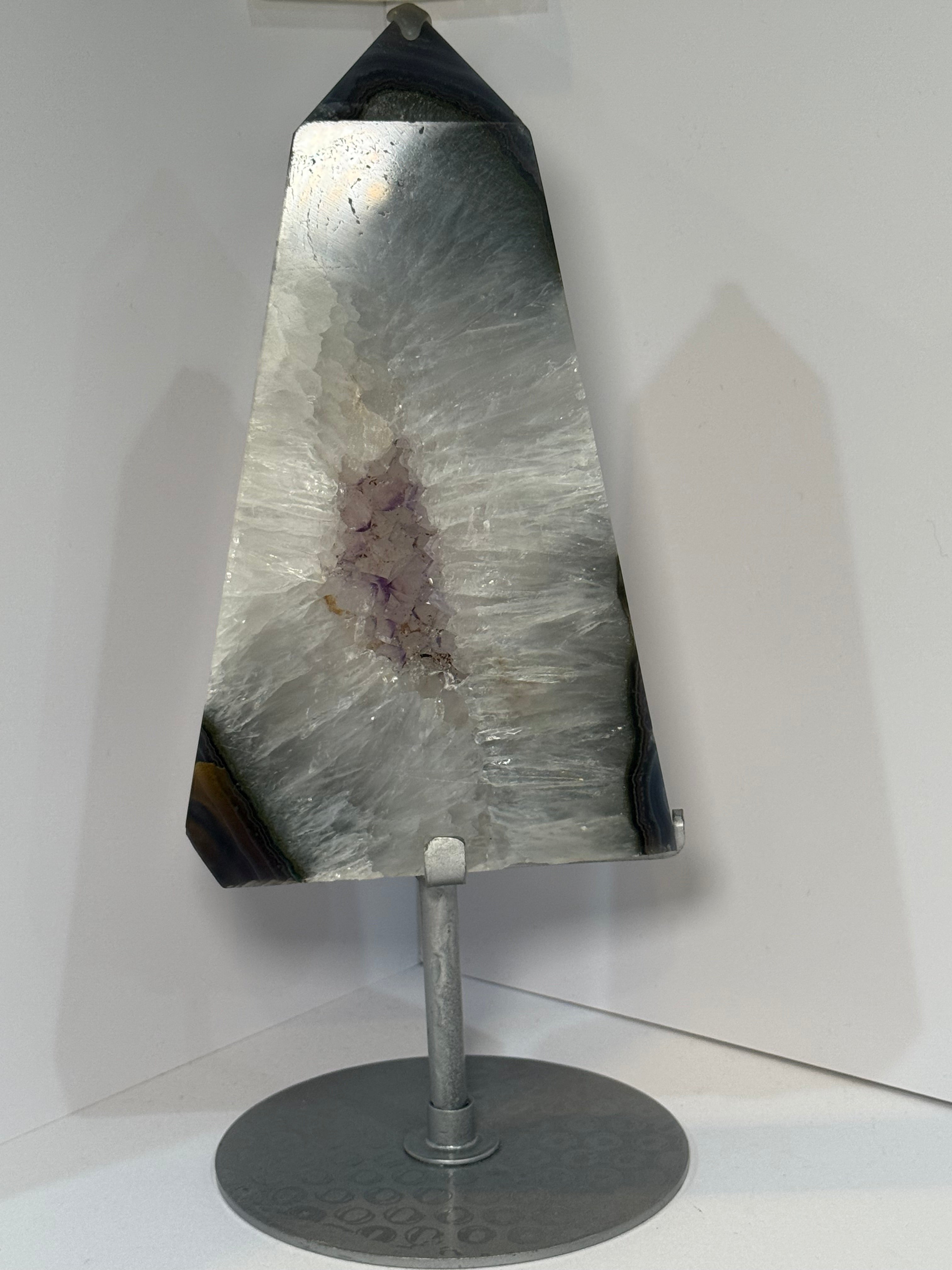 Druzy Agate Tower with Amethyst Center on Stand