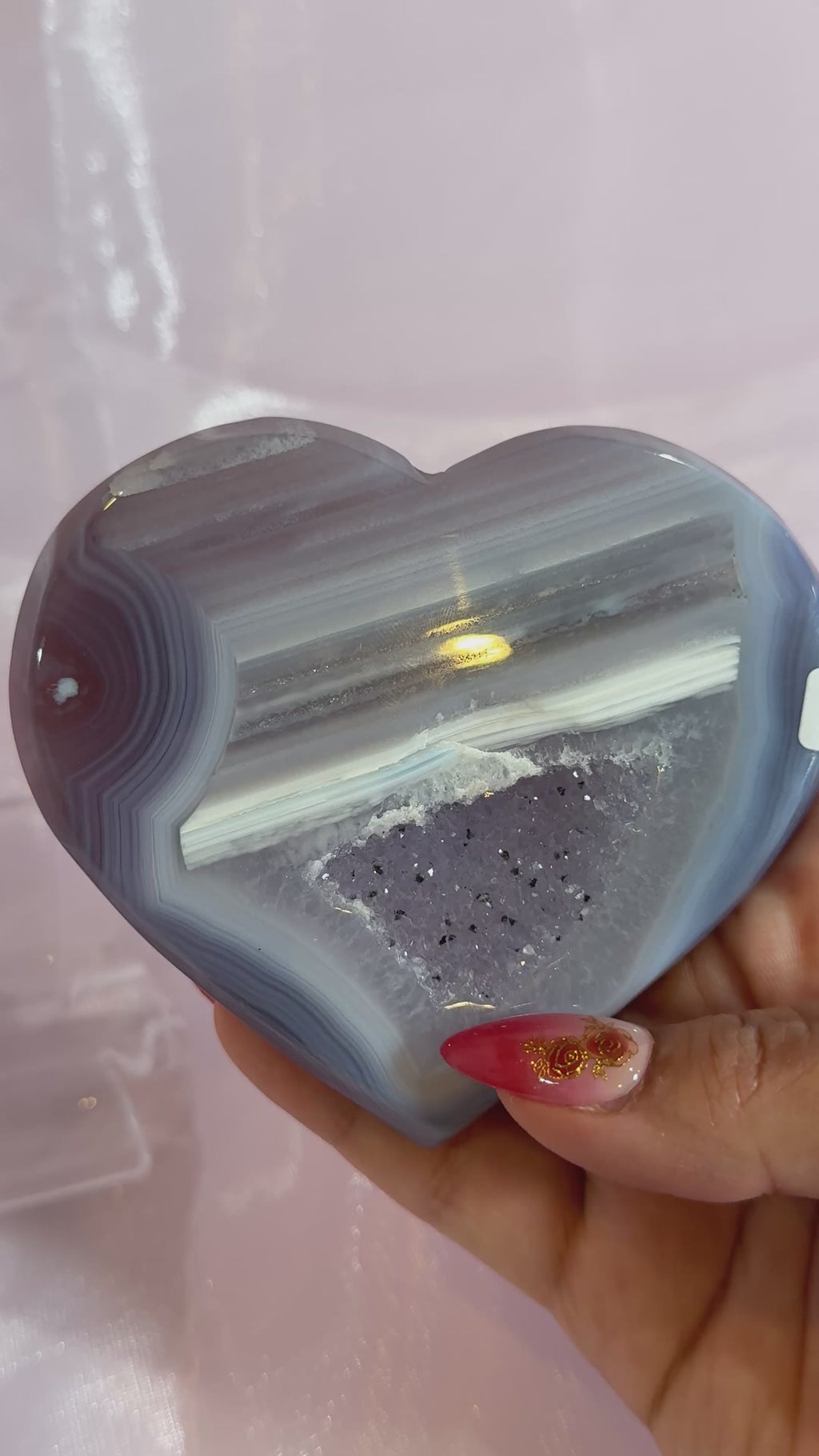 White and Purple Banded Druzy Agate Heart "B"